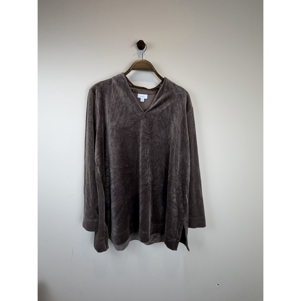 J. Jill / PureJill V-Neck Velvet Velour Long Sleeve Top Blouse Brown Stretchy XL